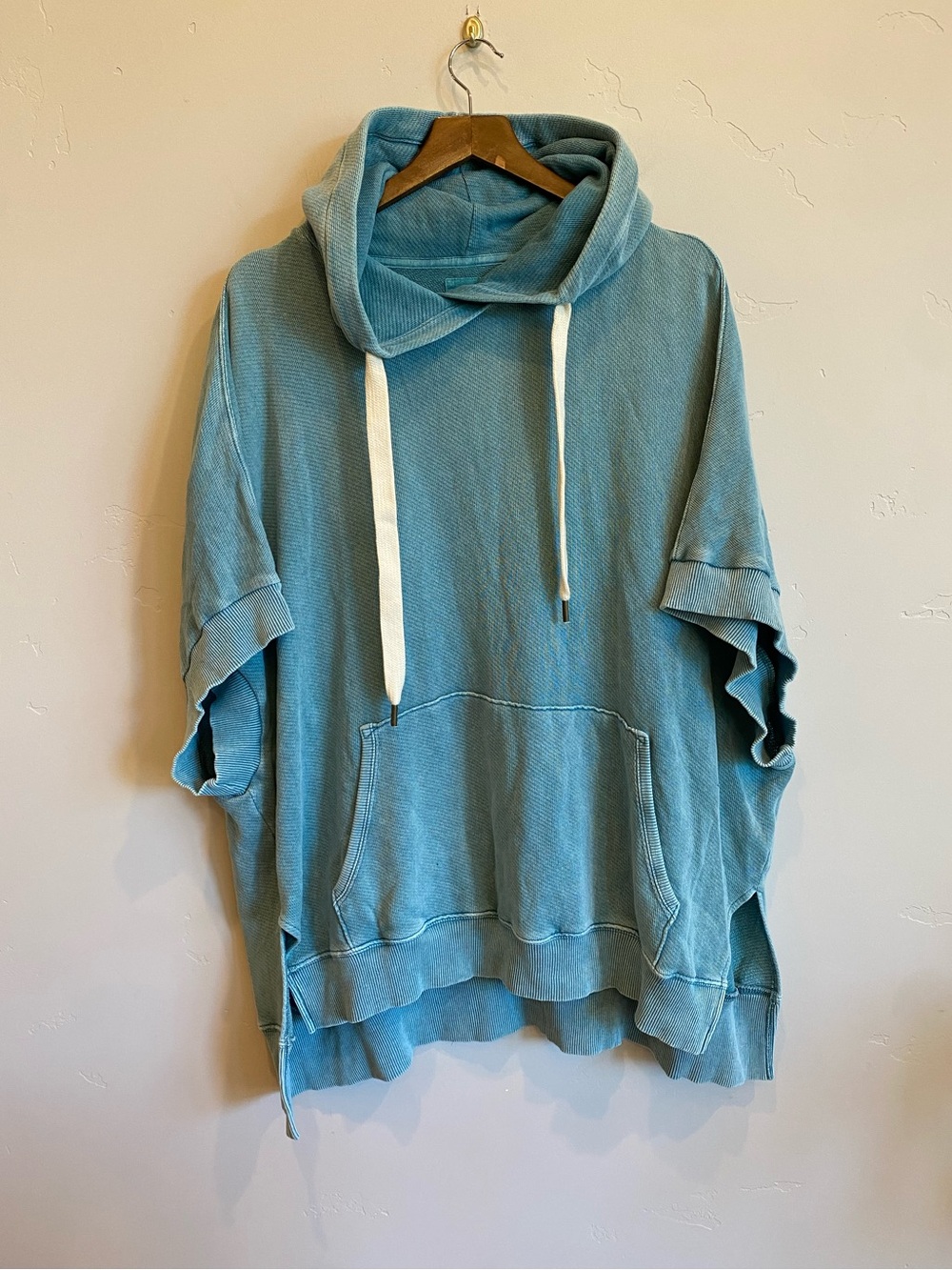 AMERICAN EAGLE Faded Blue Oversized Hooded Short Sleeve Terry Sweatshirt